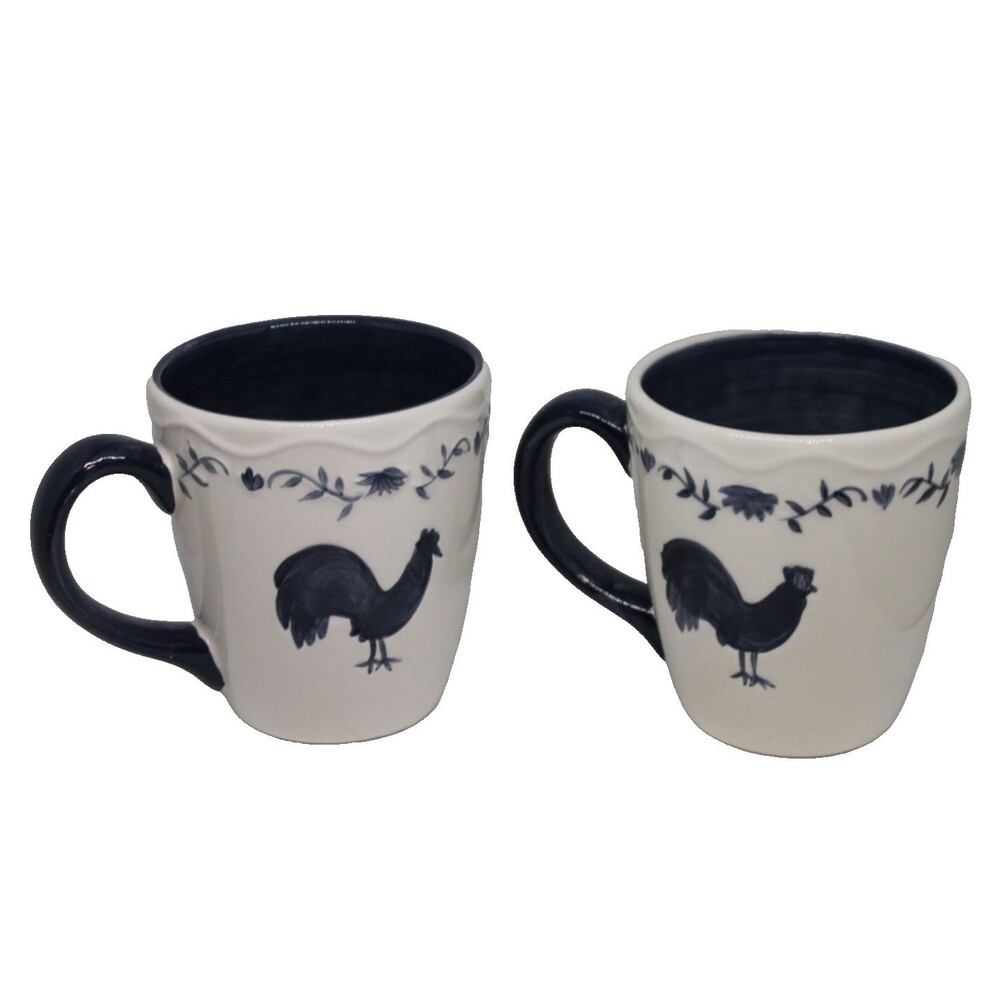 North Crest Ceramic Rooster Mugs/Coffee Cups Large Set of 2 Navy & White 16oz